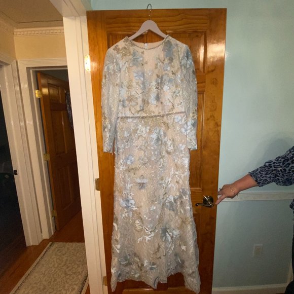 Mac Duggal - 11174 Long Sleeve Floral Accented Long Gown in Ice Blue - Picture 9 of 10